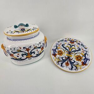Italian Sur La Table Nova Deruta Hand Painted Canister & Cake Platter Italy Made